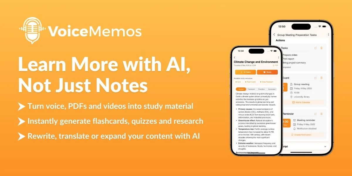 Voice Memos – AI-powered voice recording to study notes app