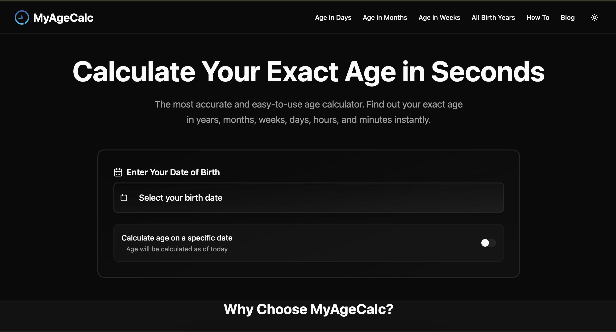 Age Calculator - Calculate Your Exact Age | MyAgeC interface screenshot 2 showing Use our free online age calculator to find your exact age in years, months