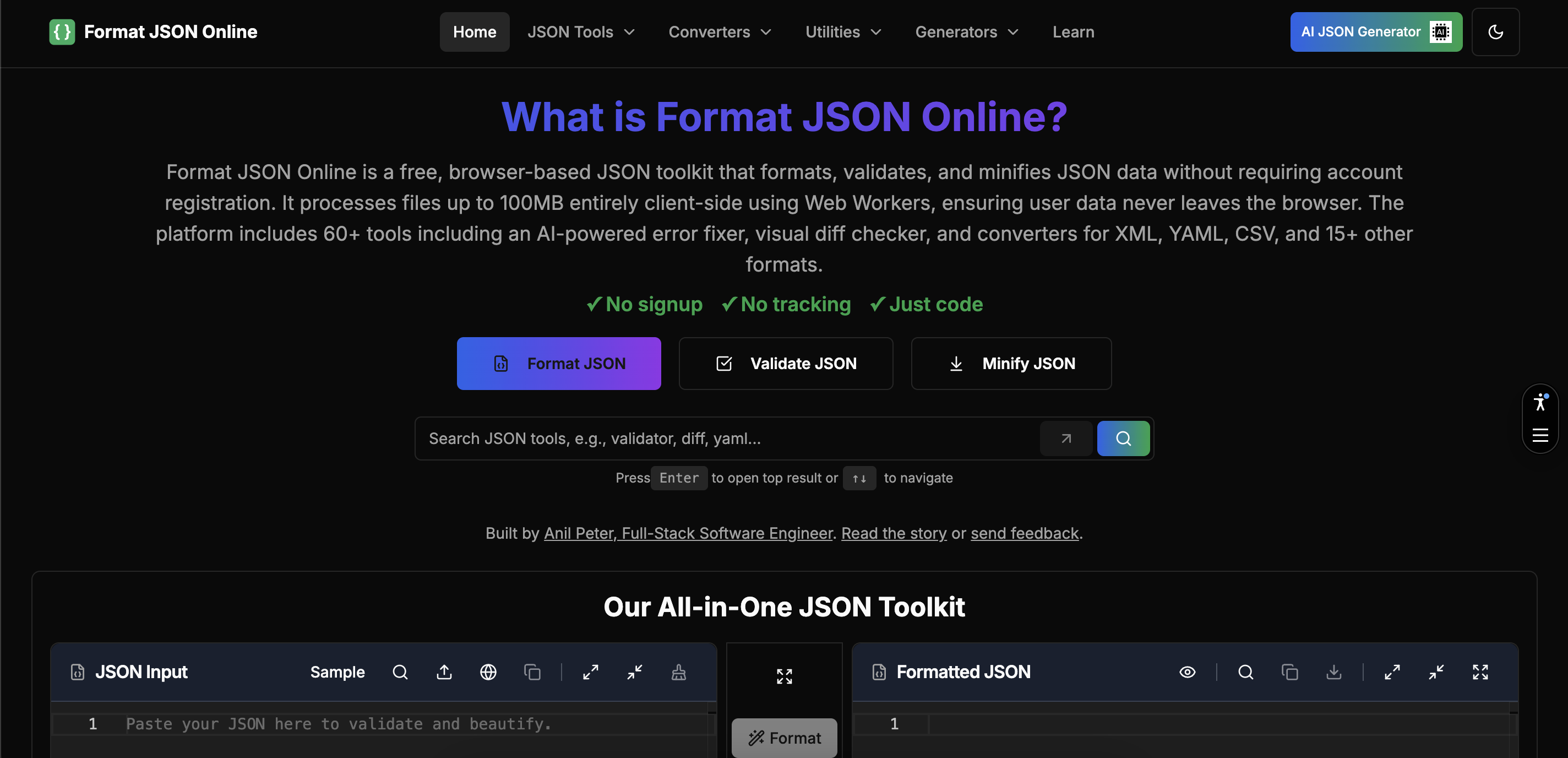 FormatJSONOnline: Free JSON Formatter & Validator Tool homepage showing FormatJSONOnline: Free JSON Formatter & Validator Tool
