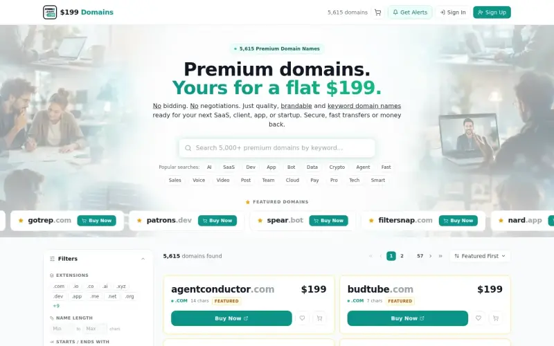 $199 Domains homepage showing Brandable domains for $199