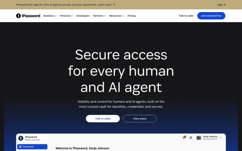 1password homepage showing Password Manager and Access Management for Enterprise, securing credentials