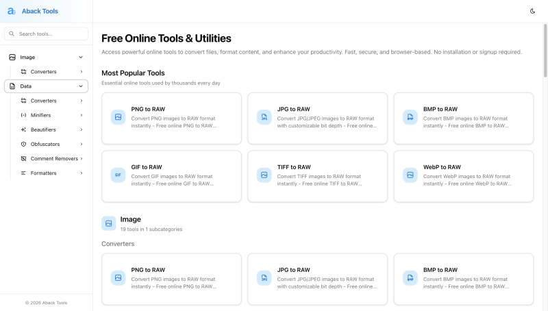 Aback Tools homepage showing Professional-grade free online tools for everyone. Convert files, format
