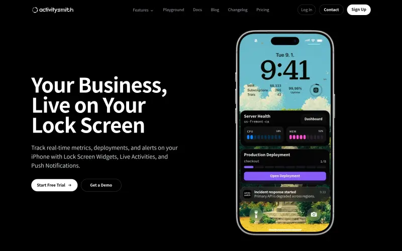 Activitysmith homepage showing Stream real-time metrics, deployments, and alerts to your iPhone Lock Screen