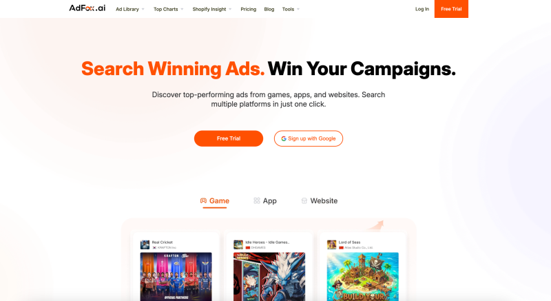 AdFox homepage showing Discover winning ads, monitor competitor strategies, and analyze traffic &