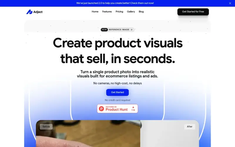 Adject homepage screenshot - Transform product photos into commercial-ready visuals with AI
