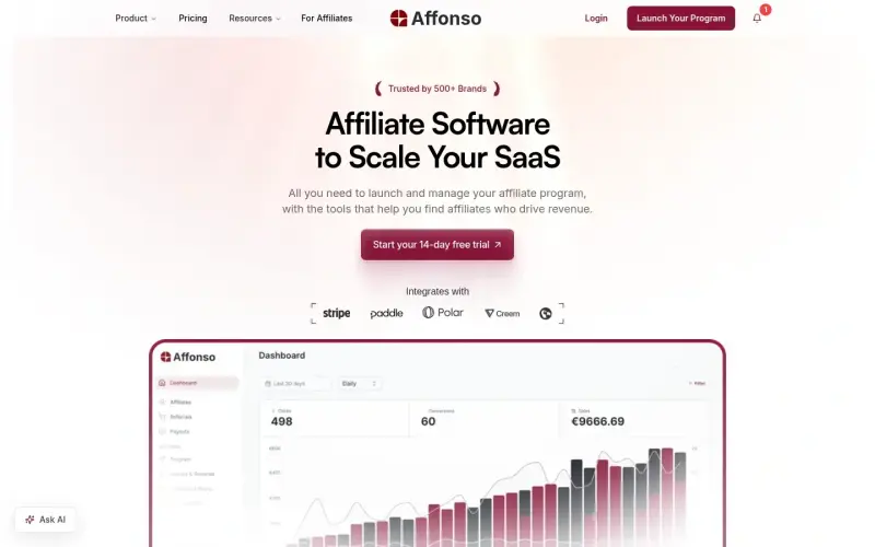 Affonso homepage showing Launch SaaS affiliate programs in minutes