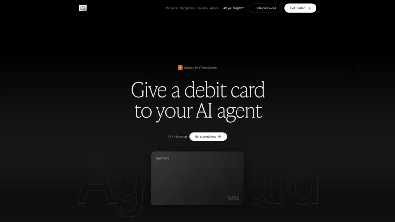 Agentcard homepage showing Debit cards for AI agents