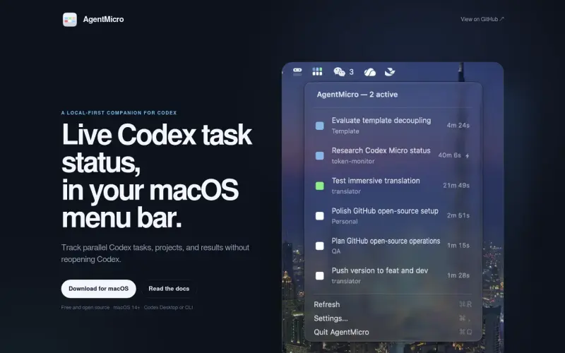 AgentMicro homepage showing Live status for local Codex tasks in your macOS menu bar