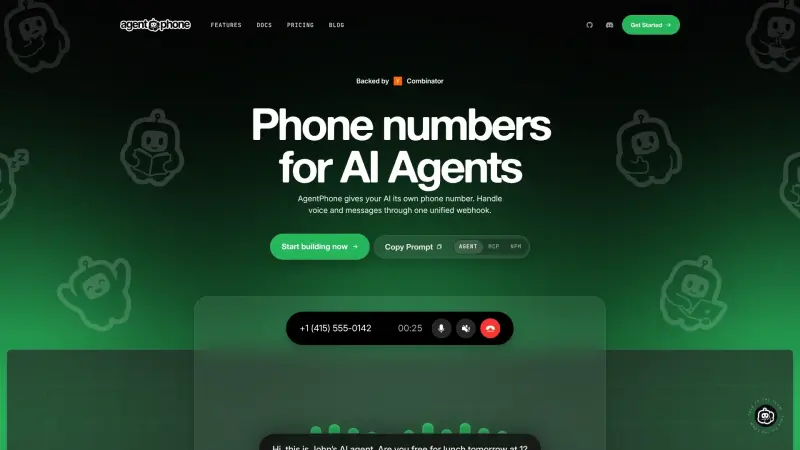 AgentPhone homepage screenshot - Empower AI agents with phone numbers for seamless voice and message handling