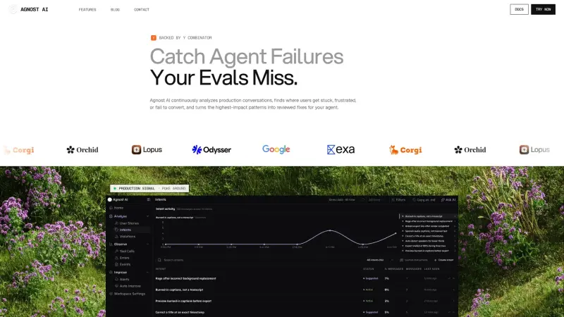 Agnost AI AI homepage showing Fix agent failures in production conversations