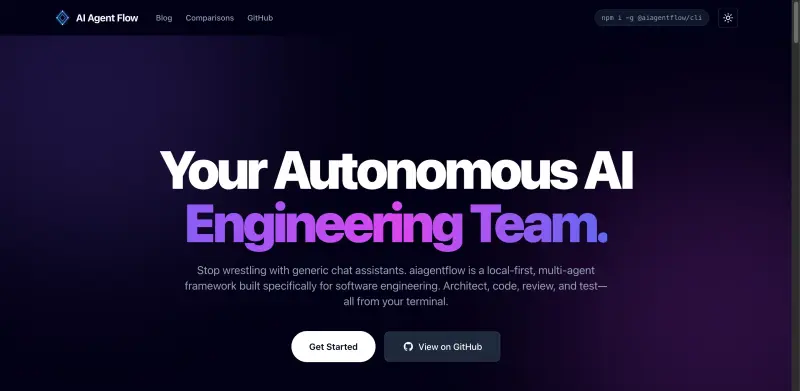 AI Agent Flow homepage showing Streamline your development process with a local-first, multi-agent framework