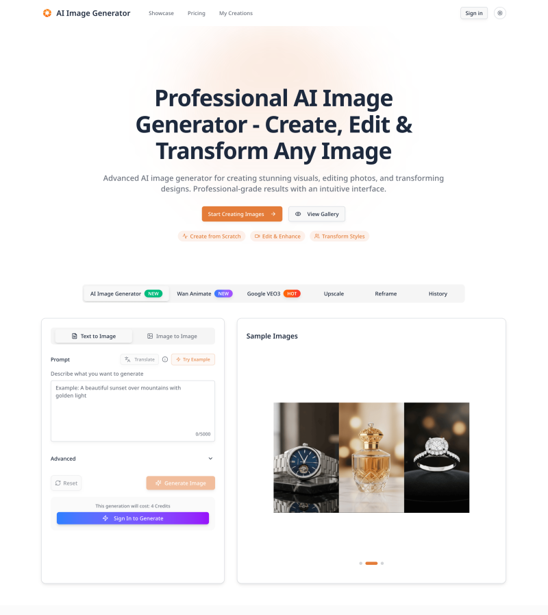 AI Image Generator homepage showing Professional AI image generator for creating, editing and transforming images