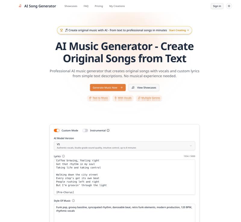 AI Music Generator - Create Songs from Text homepage showing Create professional AI-generated music from any text prompt. Our AI music