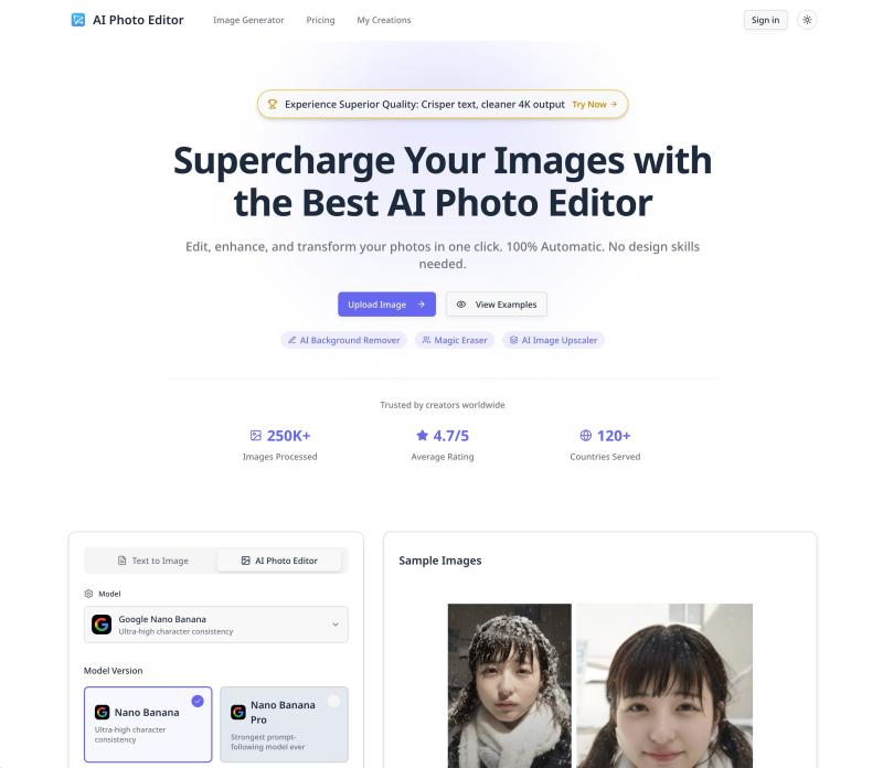 AI Photo Editor homepage showing The best free AI Photo Editor to edit images in seconds. Remove backgrounds