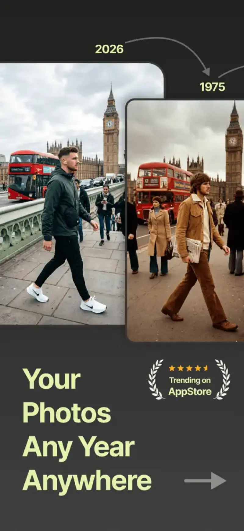 AI Portal: Time Travel Photos App homepage showing Unlock the past