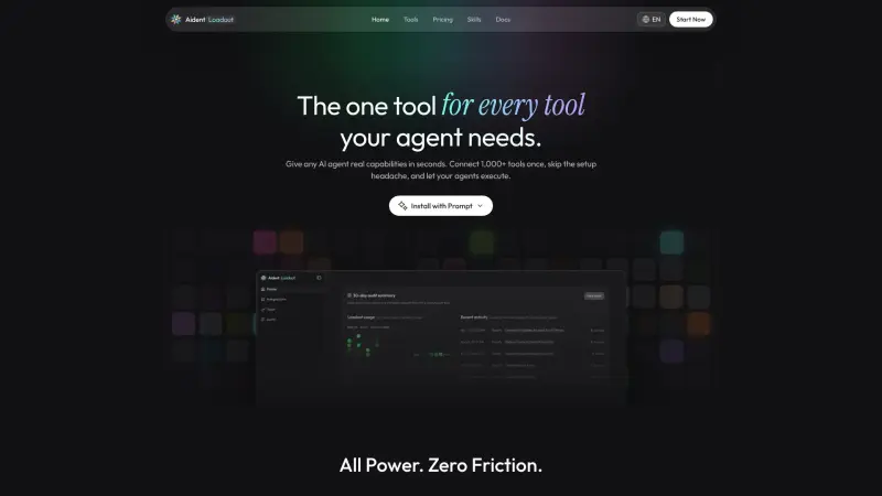 Aident Loadout homepage showing AI agents execute tasks with 1,000+ connected tools
