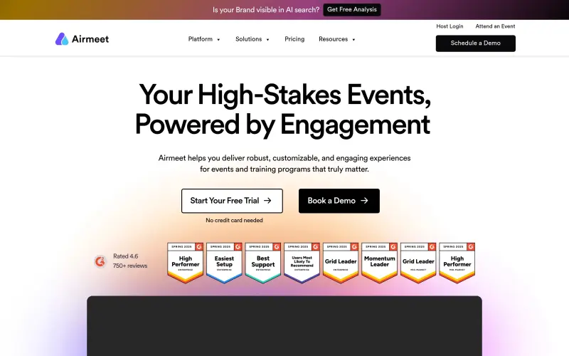 Airmeet homepage screenshot - Elevate events with AI-driven webinars and hybrid experiences