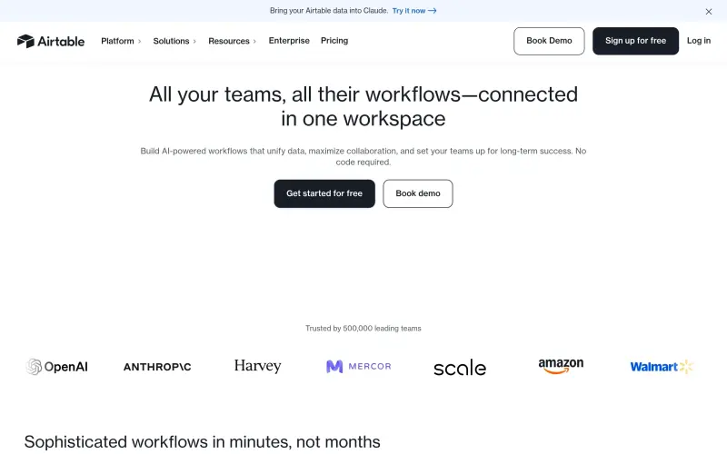Airtable homepage screenshot - Streamline workflows with AI-powered automation and real-time collaboration
