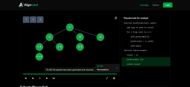 Algonaut homepage showing An interactive platform to visualize algorithms step