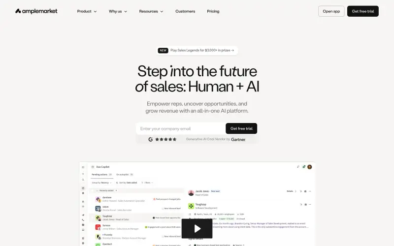 Amplemarket homepage showing AI sales copilot for teams