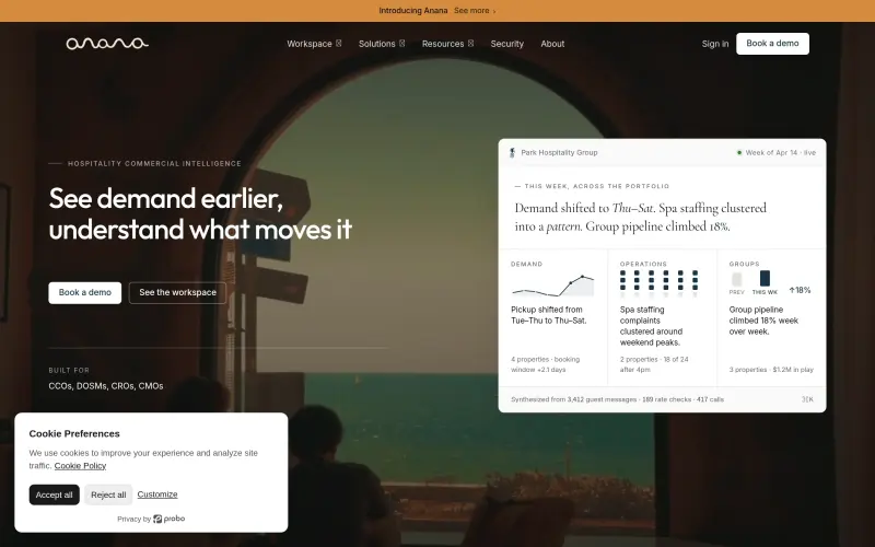 Anana homepage showing Unlock hidden demand signals with Anana's hospitality intelligence