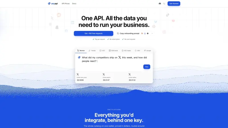 AnyAPI homepage showing 328 data & scraping APIs. One key. Pay per request