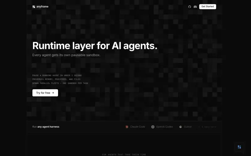 AnyFrame homepage screenshot - Spawn and pause AI agent sandboxes instantly, preserving context and state