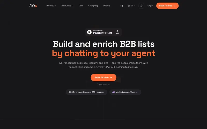 Anysite homepage showing Build and enrich B2B listsby chatting to your agent