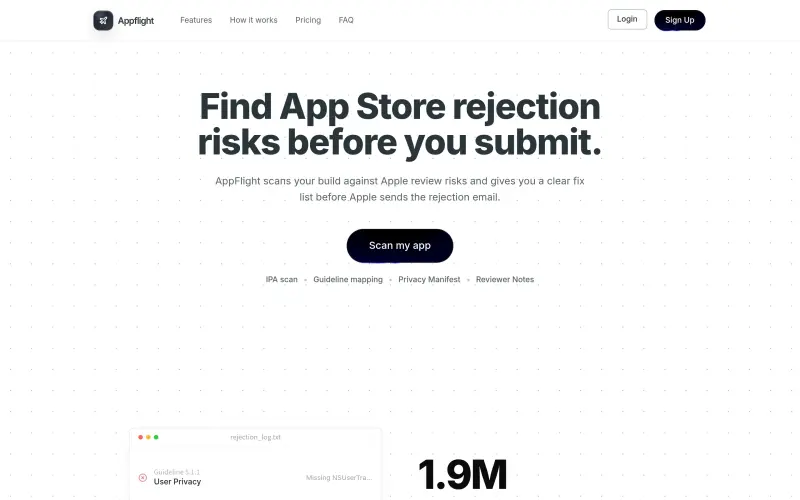 Appflight homepage showing Scan your app for rejection risks at code level