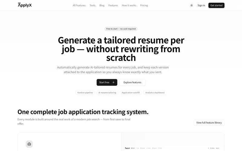 ApplyX homepage showing job applications, tailor resumes with AI, and autofill forms tracking