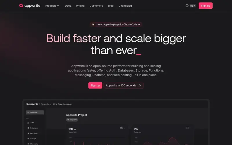 Appwrite homepage screenshot - Streamline app development with all-in-one infrastructure