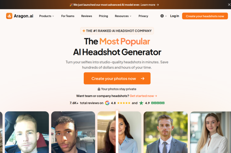 Aragon AI homepage showing Get high-quality, customizable headshots in minutes, saving you time and money