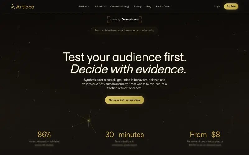 Articos homepage showing Synthetic user research reports in under 30 minutes