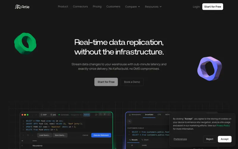 Artie homepage showing Real-time data replication