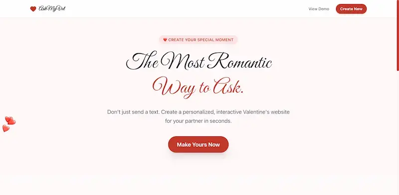 AskMyVal homepage showing Interactive Valentine proposal websites with photos and messages