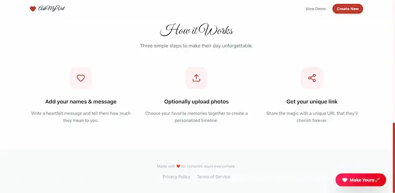 AskMyVal interface screenshot 2 showing Interactive Valentine proposal websites with photos and messages