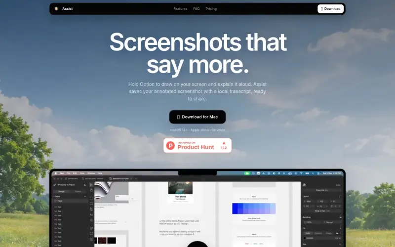 Assistapp homepage showing Assist for Mac: Voice Annotation, Screenshots & Clipboard