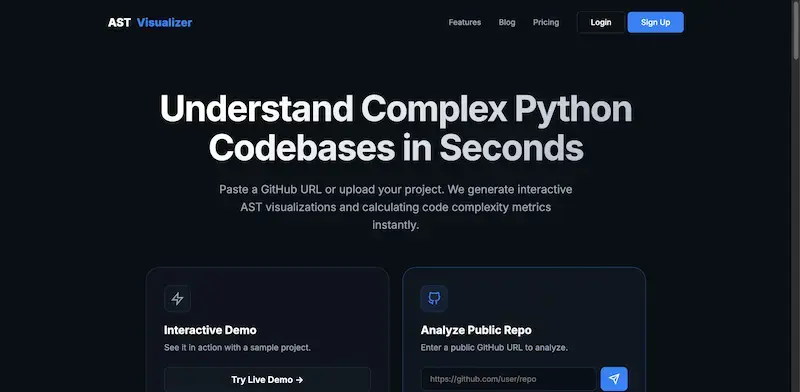 AST Visualizer homepage showing Paste GitHub URLs, get instant Python code insights visually