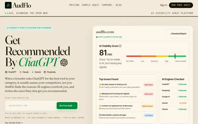 AudFlo homepage showing Audit why AI recommends competitors. Get fixes to get recommended