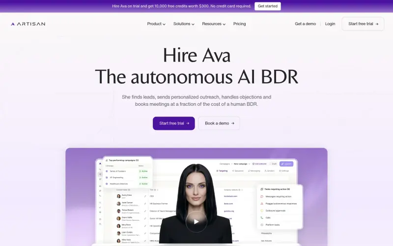 Ava 2.0 homepage showing AI automates outbound sales