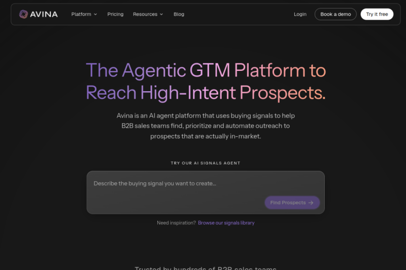 Avina homepage showing prospect engagement with real-time intent data, empowering sales teams to