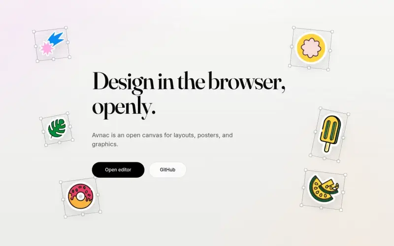 Avnac homepage showing Empower your creativity with Avnac, a free and open design platform for