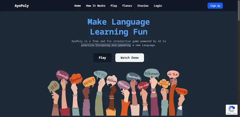 AyoPoly homepage showing Free interactive game powered