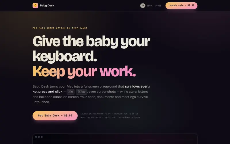 Baby Desk homepage showing Protect your work from tiny hands with our fullscreen Mac playground