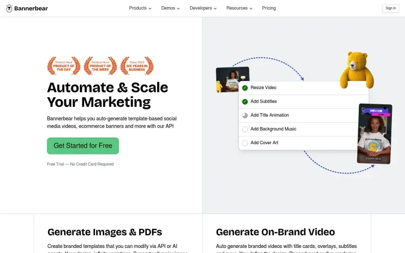 Bannerbear homepage showing Turn one template into thousands of on-brand images, videos, and PDFs through