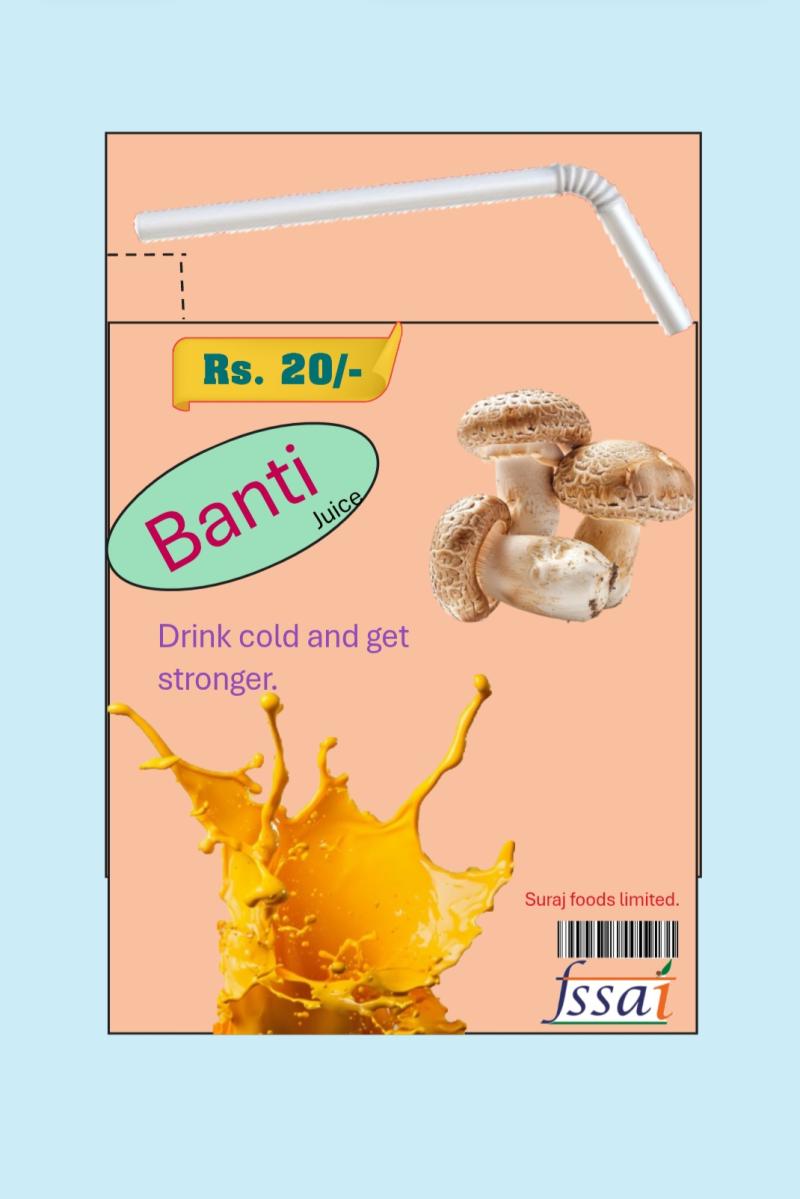 Banti juice homepage showing Healthy juice Jeera-0.1 % Mashroom-35% Milk-45% Sugar-2%