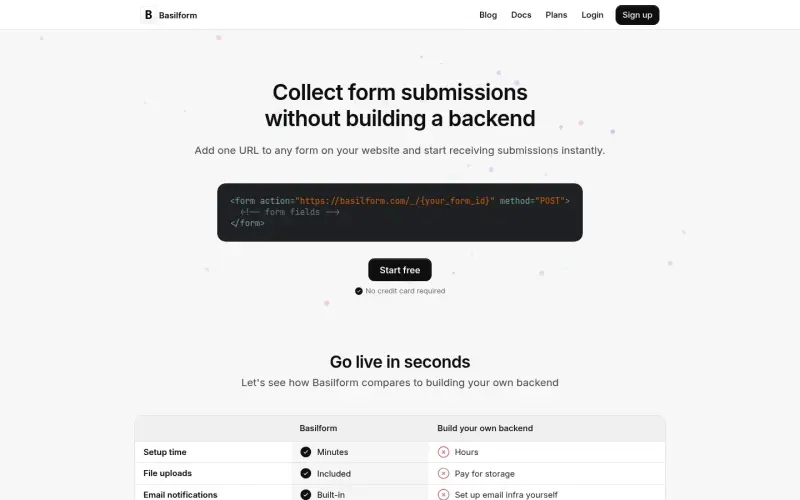 Basilform homepage showing Receive form submissions for any website, no backend required