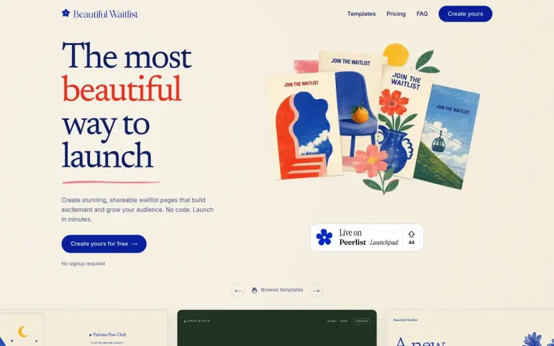 Beautiful Waitlist homepage showing Create waitlist pages in minutes