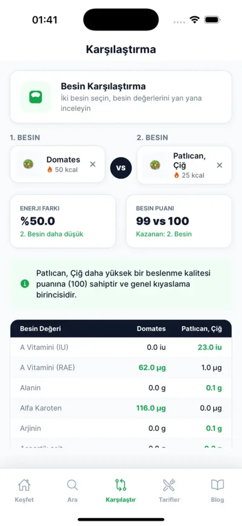 BesinAnaliz interface screenshot 3 showing Discover the nutritional value of thousands of foods and make healthy