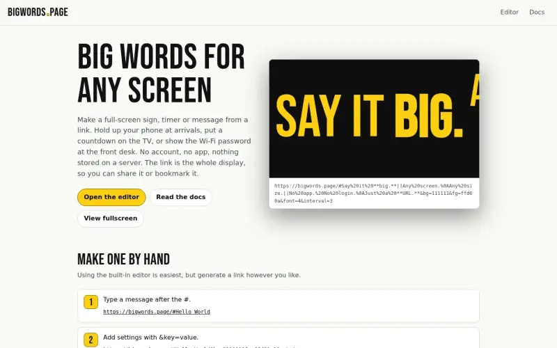 Bigwords homepage showing Turn any screen into a customizable display